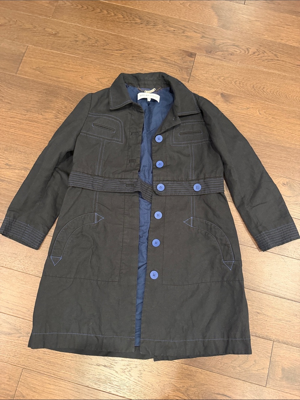 See by Chloe Black Trench Coat with Light Blue Accents Size 6 - C11